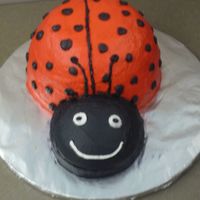 Lady Bug white cake with raspberry bc. 3 10" rounds carved and head was trimmed half sports ball pan