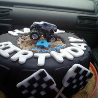 Monster Truck Birthday Yellow cake, fresh strawberries, and buttercream, everything else fondant with graham cracker cookie dirt. Attempted a big monster truck...