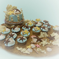 She Sells Seashells Ocean Beach theme cake and cupcakes for a nine-year old girl's swimming birthday party