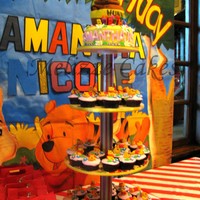 Winnie The Pooh Cupcake Tower This is my first ever cupcake tower, :) a Pooh and garden theme birthday cake. This is made from ganache, chocolate cake and MMF. The Pooh...