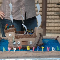 Pirate Ship This was for my cousins 7th birthday.The sea was made of jelly. There was lego used for the people and the shark, paper for the sails and...