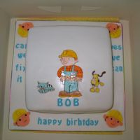Bob The Builder This was done for a lttle boy who never missed an episode of Bob the builder,so I hand painted Bob and his friends on to the cake.