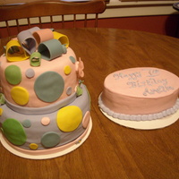 1 Year Old Birthday Designed to look like the invitation. Bottom tier, chocolate with hazelnut filling, top tier, vanilla with orange bc filling and the girl...