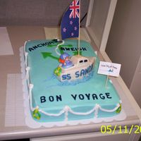 Bon Voyage To New Zealand White 14 X19" cake with buttercream frosting covered with fondant. Lettering in fondant. 3D boat made of pound cake easy to carve into...