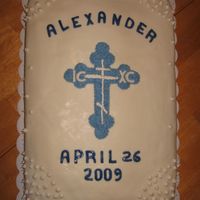 Baby Baptism Cake Simple white cake 14 X 19 with white buttercream frosting. Lettering with blue fondant