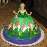 Tinkerbell Cake Used the Wilton Doll Cake Pan as directed. Placed Tinkerbell with plastic wrap up to her waist into the cake. Decorated with buttercream...