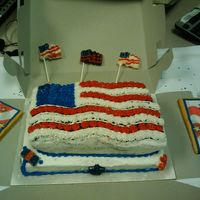 Happy Labor Day Cake (Flag Cake) Choc fudge cake on top layer and yellow almond on the bottom layer. Red, White, & Blue all B/C. Also made white/milk choc flag &...