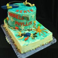 Water Skiing Scuba Gumpaste, fondant, rice crispy boat, chocolate rocks, piping gel