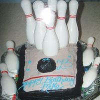 Bowling Pins are made of white chocolate and were from a mold. This was one of my first cakes.