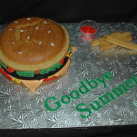 Cheeseburger Please! Cheeseburger made from yellow and chocolate cake with fondant and buttercream "toppings". The fries were also yellow cake that I...