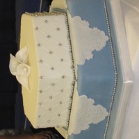 Blue Cake With Lace This cake is covered in fondant. I used a Lace mold to make the lace. The calla Lillys are made from gum paste brushed with white pearl...