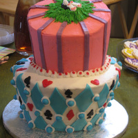 Alice In Wonderland Topsy-Turvy Cake Done for a baby shower with an Alice in Wonderland theme. This is my first SUCCESSFUL topsy-turvy cake, but my 3rd attempt. Red velvet...