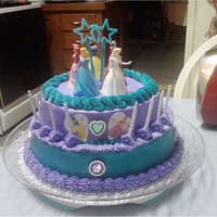 Princess Abby This is a chocolate cake with purple and turquoise buttercream, edible images with real little princess dolls on top, play wands and play...