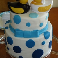 Blue Polka Dot Wedding Shower 8 in Chocolate w/ Choc Ganach, 6 in yellow with Cream Cheese. Satin Ice Fondant. I found these Super Cute duckies at Michaels.