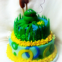 Lil Froggie's 1St Birthday Yellow cake with buttercream icing airbrush effect. Fondant accents. This cake was so fun to make. Thanks for the inspiration CC! TFL.