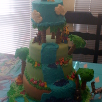 1St Birthday Jungle Zoo Waterfall Cake Fun jungle animals celebrate the big 1st birthday. Animals, mushrooms, flowers are hand sculpted MMF.Top tier is buttercream. Bottom 3...