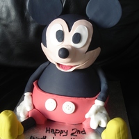 Mickey Mouse 3d, chocolate mudcake base (doll tin), banana head (sports ball). Covered in white choc ganache and then coloured fondant. All extras are...