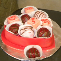 Box Of Chocolates "Box of chocolates" cake covered in red fondant with chocolate dipped red velvet cake balls and pound cake petit fours. The...