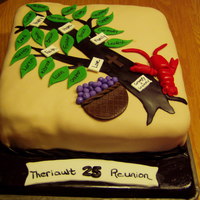 Family Tree this is a 13 x 13 marble cake with vanilla buttercream filling. Decorated with fondant. Chocolate fondant tree with fondant leaves...