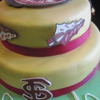 Fsu Grooms Cake This was a groom's cake for a big FSU fan. Decorations are made out of chocolate. Cake covered in tan fondant and then airbrushed gold...