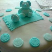 Baby Blue Buttons Bear Cake Jam sponge all fondant decorations with ribbon.