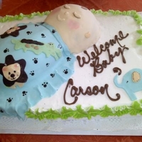 Baby Shower Chocolate cake, baby made with 1/2 egg pan and 1/2 ball pan. Sheet cake iced in buttercream, baby in buttercream with fondant blanket and...