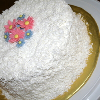 Coconut Cake Simple coconut cake with blue and pink fondant daisy flowers.