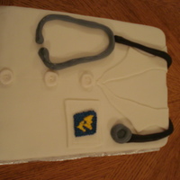 Drs Day Cake vanilla cream cake with raspberry cream filling. Coat is fondant with gumpaste buttons.