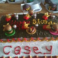 Rainbow Mcdonalds Cake so this is a white cake with rainbow swirls inside. BC icing with fondant burgers and fries and milkshakes. Also the other picture is a...