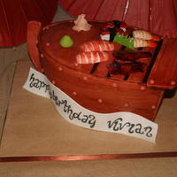 Sushi Boat Almond Joy cake with gumn paste sushi and soy sauce bowl