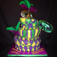 Mardi Gras Bar Mitzvah Cake My special 'Quadruple Bypass Chocolate cake for a bar mitzvah Mardi gras themed party! gumpaste masks and real feathers