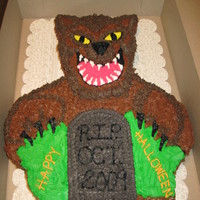 Rip Oct 2009 Half sheet chocolate cake with chocolate buttercream (everything except for the grass and werewolf tongue). The werewolf looks similar to a...