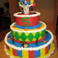 Clown Cake Birthday cake for 3 5yr olds. Top layer chocolate w/chocolate filling, mid vanilla w/buttercream filling, bottom strawberry w/strawberry...
