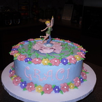 Tinkerbell Cake White chocolate cake with buttercream icing. Royal icing flowers