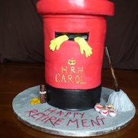 Cleaning Lady Retirement Cake 8*7" + 1* 9" Victoria sponge covered in red fondant, for a Royal Mail cleaning lady