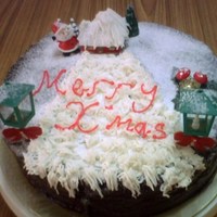 X'mas House This is chocolate cake with house , lamp , tree and santa claus in it cover with snow