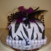 Kourtney's B-Day Cake Red velvet with chocolate filling covered in fondant with zebra stripes. Boa, beading and crystal accents.
