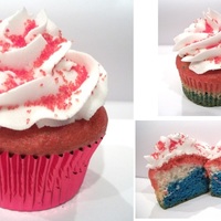 Flag Cupcakes red (strawberry cake), white and blue (white cake) w/ vanilla bc frosting, colored sugar and candy stars