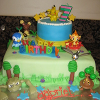 Pokemon Birthday Cake Cake is covered in fondant except for the Pokemon toys. Vanilla cake and chocolate mousse filling for the bottom tier and red velvet cake...
