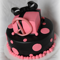 Pretty In Pink...and Black Vanilla cake with cookie dough filling...nom-nom-nom. Bottom tier - 8", black fondant, pink polka dots...Top tier - 4" squarish,...