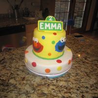 Sesame St. B-Day Cake Several flavors of cake with raspberry-almond buttercream under MMF. Found pics of Elmo and Cookie Monster online, printed to size, cut out...