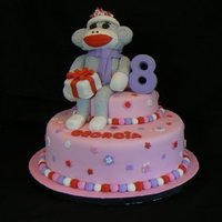 Sock Monkey Cake is vanilla with vanilla buttercream. Sock monkey is rkt covered in fondant.
