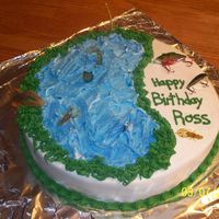 Fishing Cake My 9 year old wanted a fish cake for his birthday. i used buttercream icing and store bought lures to decorate with.