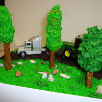 Just Truckin' birthday cake for friends dad. Buttercream Frosting, chocolate rocks, and trees made out of pretzle rods. The trees gave me the most...