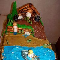 Resort Cake A 12x18 with a 9 x12 on top, pretzel log cabin, gumpaste people, chocolate pebbles, bc everything else. :)