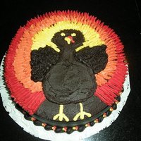 Thanksgiving Turkey Pumpkin cake, chocolate buttercream and vanilla buttercream for feathers. Inspired from mjpbmf, thanks! Wrong tip for the feathers. Thanks...