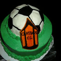 Soccer Ball Birthday Cake Vanilla cake, Vanilla buttercream, Rice Krispie Treat soccer ball covered in MMF. Inspired by other CC cake, thanks!!!