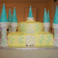 Castle Cake This was my first attempt at a castle cake. Made out of ice cream cones and waffle cones rolled in colored sugar. Bottom was 9x13 yellow...