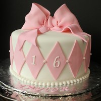Girly 16 Strawberry cake, will strawberry creme filling, vanilla buttercream, covered in fondant, with gumpaste bow. TFL