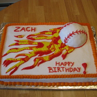 Flaming Baseball 1/2 sheet cake. Baseball made out of rice krispie treats. tfl